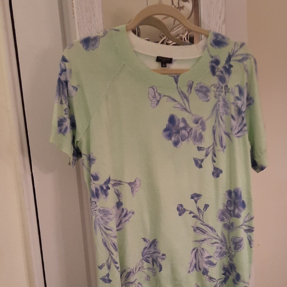 Talbots Green and Blue Floral Crew Neck Sweater